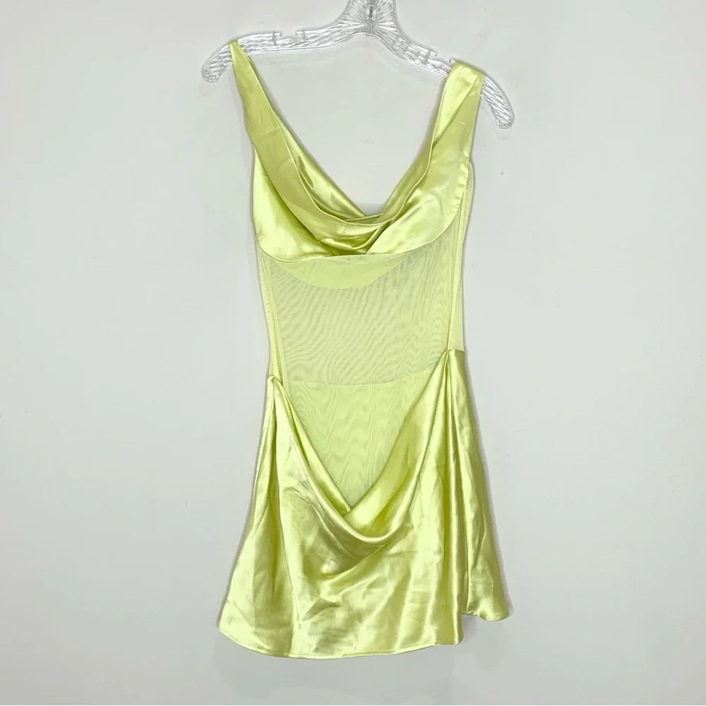 NEW Natalie Rolt Elodie Mini Dress (Sz 2 / US 6) Silk Satin Mesh Chartreuse - Picture 7 of 14